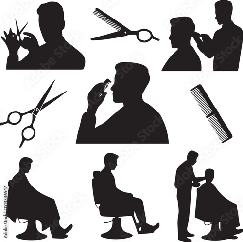 Minimalist Barber Shop Logo Elements - Barber at Work with Hairdressing Tools.