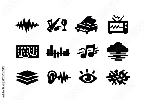 Experimental movie music. Solid icon set of experimental movie music: abstract sound waves, unconventional instruments, prepared piano,