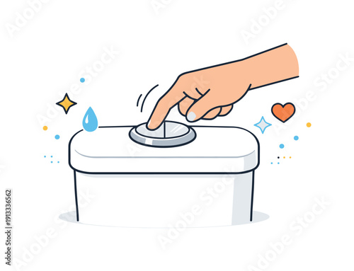 Pressing the flush button. A simple editorial scene of a hand pressing a toilet flush button, soft motion lines indicating action, calm