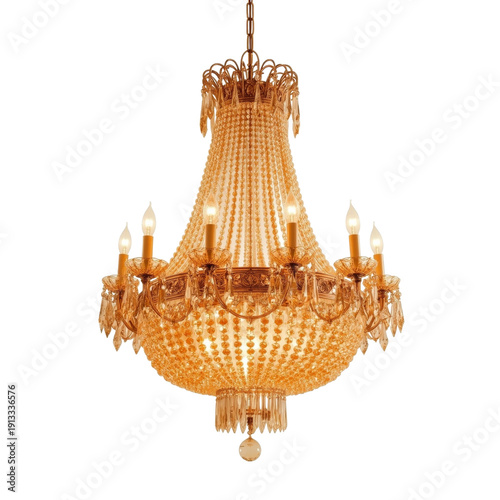 Elegant Chandelier Hanging From Ceiling With Crystal Details and Bulbs Illumi...