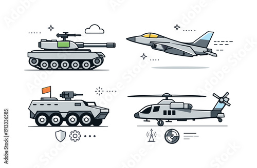 Military hardware. A clean editorial scene with simplified military vehicles displayed in a neutral, informational way. The mood is technical