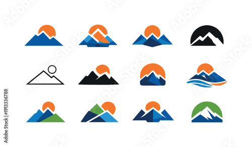 Environment. Icon set. Set Logo of environment: mountain and sun. harmonious logo variations of the same emblematic concept, each with