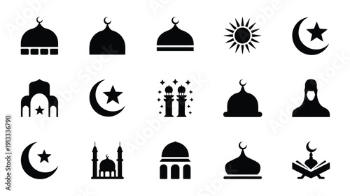 Islamic ramadan symbols and icons black silhouettes mosque crescent moon star sun religious culture and faith concepts