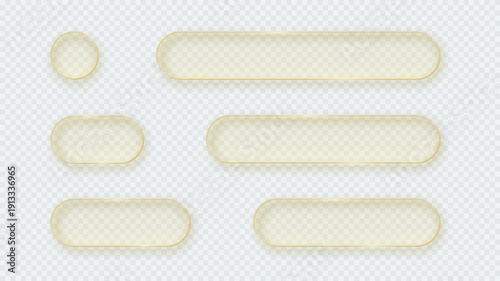 Yellow transparent glass buttons. Liquid glass design elements with morphism effect. Modern digital interface icons for web and app design with rounded frame and subtle shadow. Vector illustration.