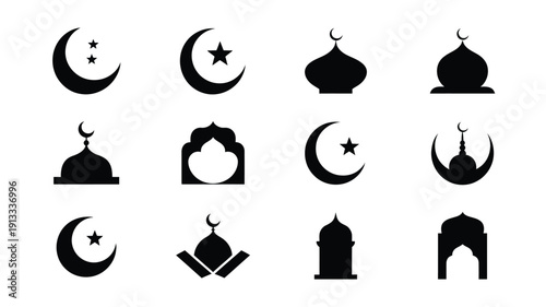 Black silhouettes of ramadan icons crescent moons stars mosques and domes on white background for islamic design