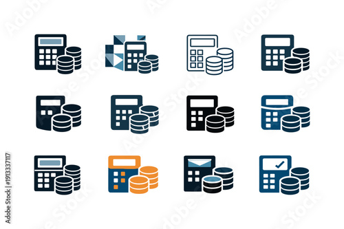 Bank loan calculator. Icon set. Set Logo of Bank loan calculator: coins stack beside calculator. harmonious logo variations of the same