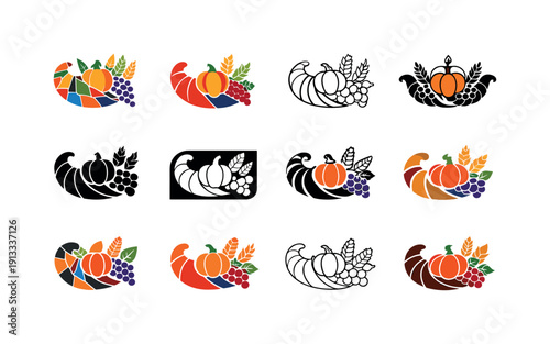 Thanksgiving dinner. Icon set. Set Logo of Thanksgiving dinner: cornucopia harvest centerpiece. harmonious logo variations of the same