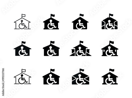 Inclusive education for students with disabilities. Icon set. Set Logo of Inclusive education for students with disabilities: school building