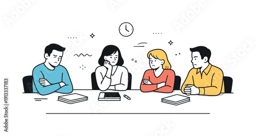 Unspoken team tension in meetings. Team members seated around a table with minimal gestures and closed postures, documents untouched. The