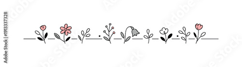 Floral borders minimal style. A thin horizontal border made of simple wildflower stems and small leaves, evenly spaced and softly balanced.