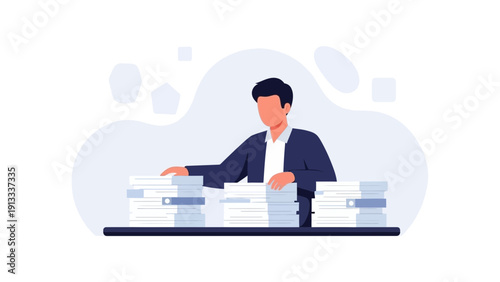 Man working with stacks of documents, business paperwork, office organization, workload
