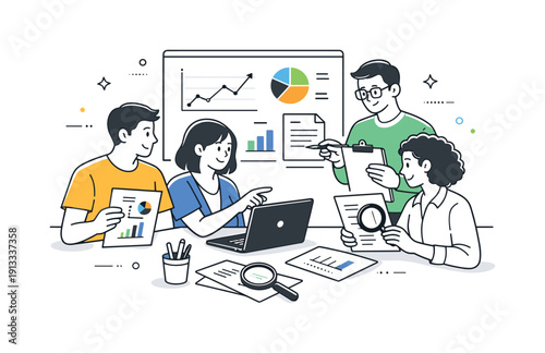 Data analysis together. Team members reviewing graphs and research findings on screens and paper. Clean, balanced scene showing cooperation