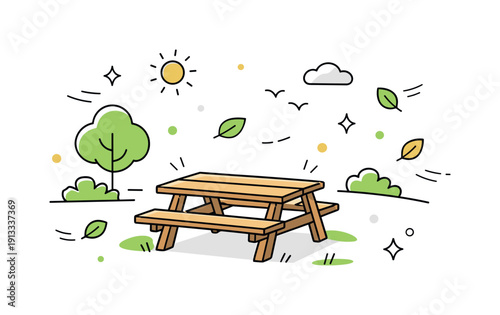 Tranquil Park Picnic. Picnic bench in a park. A calm editorial scene with a simple wooden picnic bench placed in a green park setting, sunlight and soft
