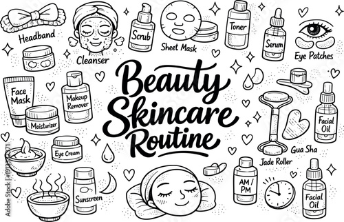 Beauty skincare routine illustration, hand drawn doodle elements set, center hand-lettered title, black & white vector line art,