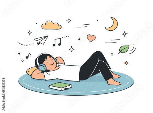 Rest and recharge. A person lying on a rug with headphones or a book, gentle decorative elements floating to show relaxation and freedom from