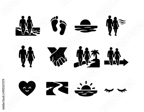 Beach Walk as a Couple. Solid icon set of Beach Walk as a Couple: beach walk couple, shoreline waves, barefoot steps, horizon line, wind