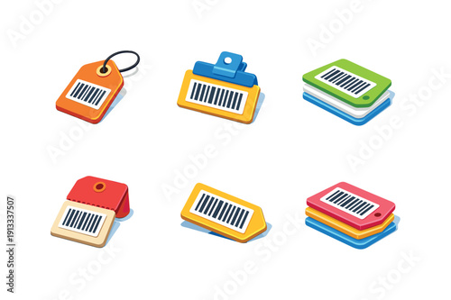 Barcode price tags. Isometric flat vector icons set of barcode price tags: price tag with hole string, clipped barcode tag, layered barcode