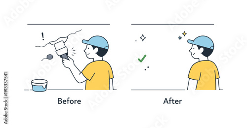 Wall repair process. Calm editorial scene showing a putty knife filling small cracks or holes in a wall, simple before-and-after suggestion