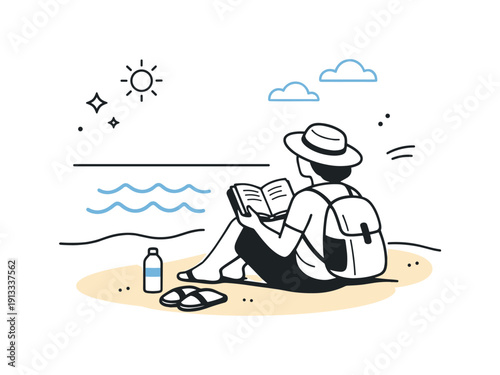 A solo traveler reading a book on a beach. A person sits comfortably on the sand with an open book, facing the sea under a clear blue sky.