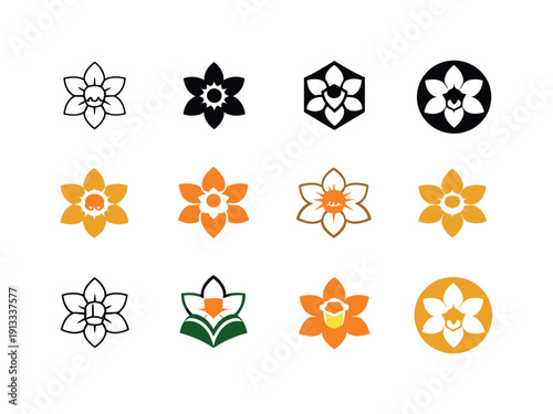 Narcissus. Icon set. Set Logo of Narcissus: narcissus flower bloom. harmonious logo variations of the same emblematic concept, each with