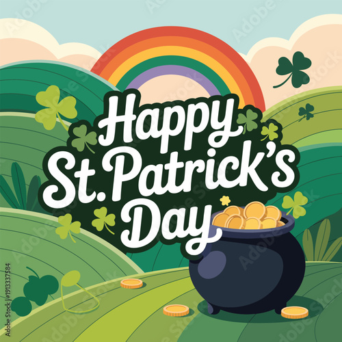 Fotografie Happy st patrick s day wishes with rainbow pot of gold and lucky four leaf clove