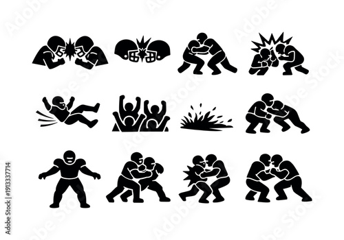 Game Day Collision. Solid icon set of Game Day Collision: player impact, helmet clash, body check, force lines, explosive hit, falling