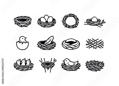 Bird Nest Icons. Nest. Line icon set of Nest: bird nest, egg in nest, twig circle, nest on branch, hatching egg, feather in nest, cozy nest shape, straw