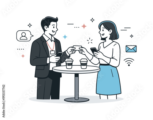 Business networking events. One-on-one conversation near a standing table, exchanging contacts and smiling politely. Friendly interaction and