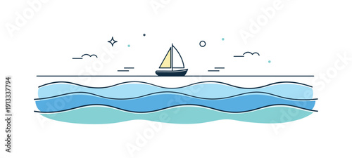Sea and horizon calmness. A sailing boat rests near the horizon line while soft wave shapes repeat rhythmically. Visual metaphor for balance,