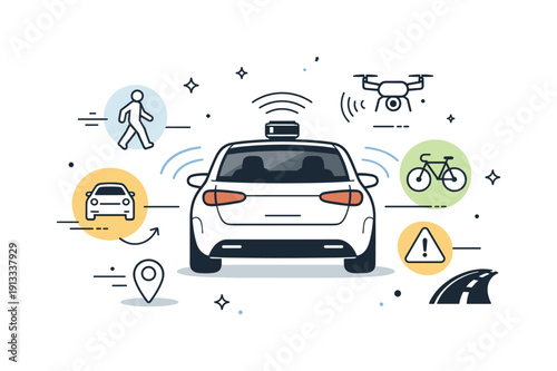 Driverless Car Innovation. Driverless car technology concept. Close-up of car with floating radar and sensor icons detecting surroundings. Calm, controlled,