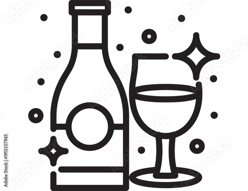 Wine bottle and glass line icon on white background with sparkle accents, minimalist outline symbol for beverage, celebration, bar menu, winery branding and labels