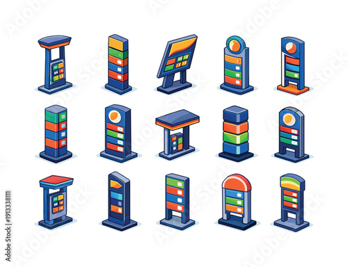 Colorful Roadside Fuel Icons. Roadside fuel totem. Colorful isometric vector icons set of Roadside fuel totem: tall station pylon, vertical price tower,