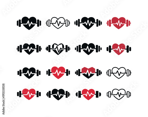 Training Intensity Icons. Training intensity. Icon set. Set Logo of Training intensity: heart rate with dumbbell icon. harmonious logo variations of the same