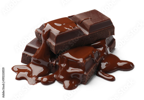 Pieces of tasty chocolate melting isolated on white