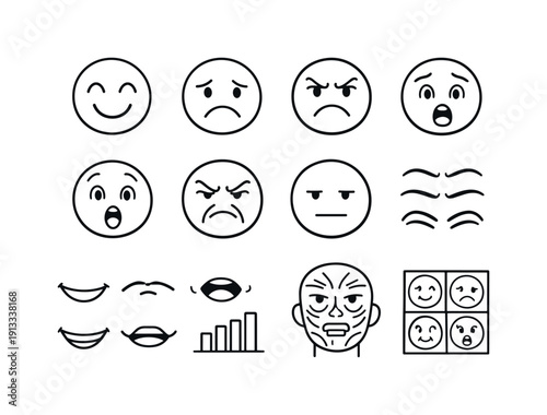 Human emotion expressions. Line icon set of Human emotion expressions: happy face, sad face, angry face, fearful face, surprised face,