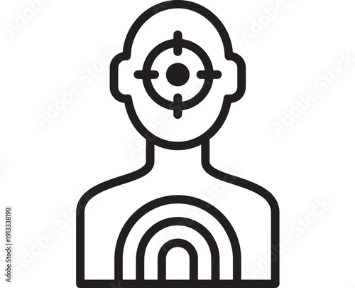 Person target icon showing head with crosshair and chest target, minimal black outline pictogram for security, surveillance, identification, and aiming concepts