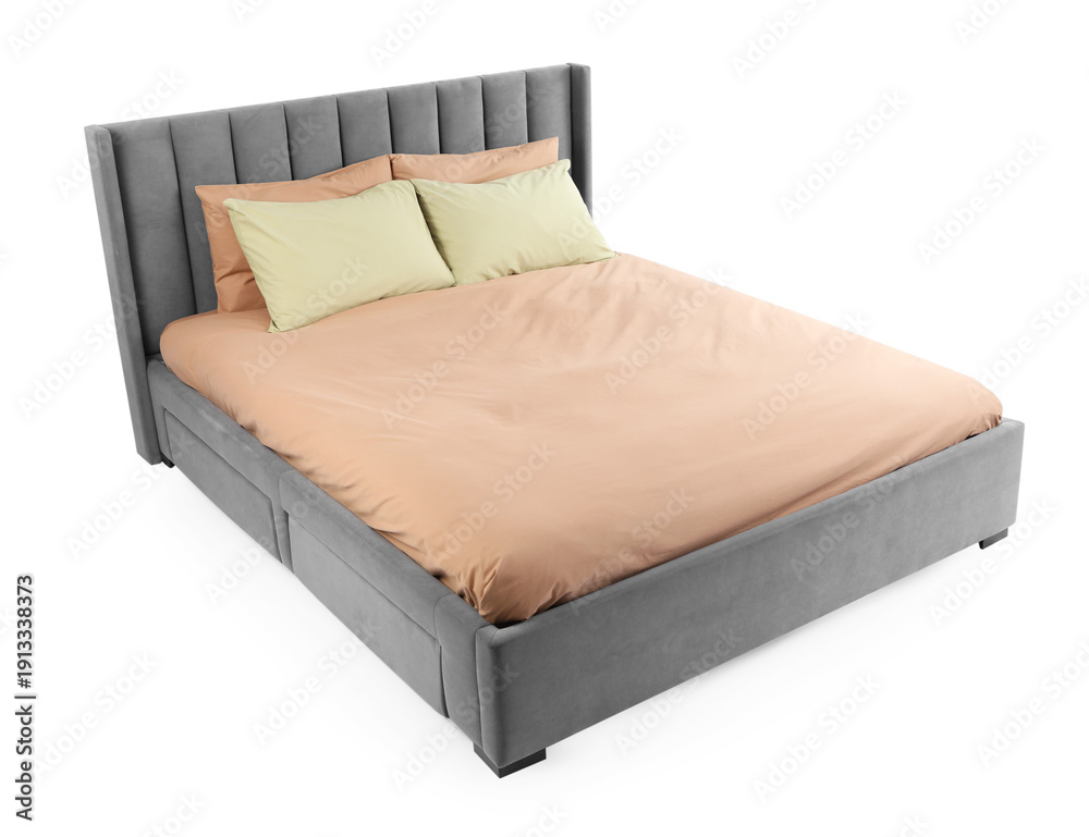Fototapeta premium Large bed with fresh linens isolated on white