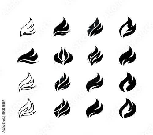 Flame in the wind. Icon set. Set Logo of flame in the wind: bending flame silhouette. harmonious logo variations of the same emblematic