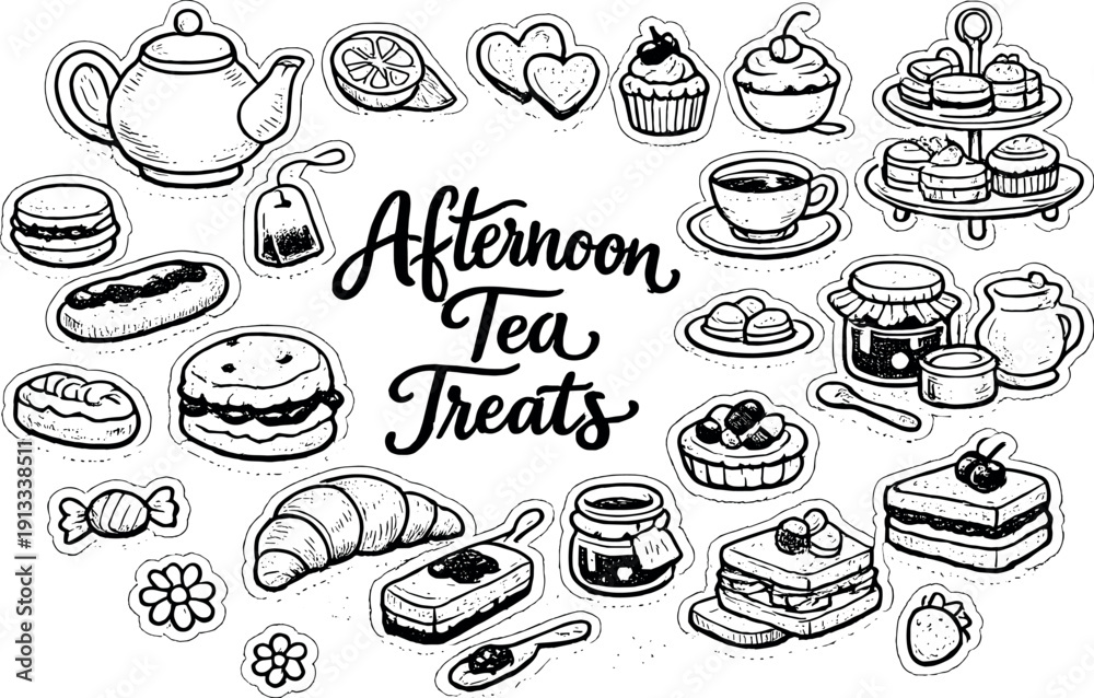 custom made wallpaper toronto digitalAfternoon tea treats collection, hand drawn doodle elements set, center hand-lettered title, black & white vector line art, bold