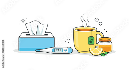 Home Comfort Essentials. Home sickness care setup. Tissues neatly placed beside a thermometer and herbal tea, organized and comforting scene. Editorial