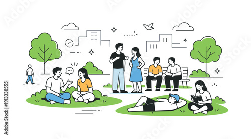 Urban nature integration. A public square with grass patches, trees, and people resting or talking. Social interaction supported by green