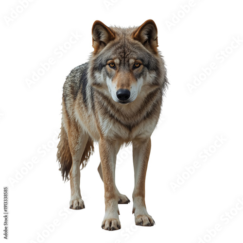 Gray Wolf Stands Alert in a White Background During Daylight Hours Near Its H...