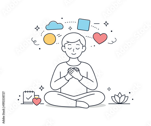 Emotional self-care practice. A calm figure reflecting inward, managing overwhelming thoughts with gentle focus. Floating shapes represent