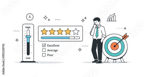 Life reduced to KPIs and performance pressure. An employee standing next to oversized rating scales and targets, posture restrained and