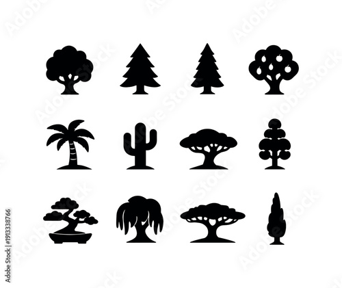 Tree Icon Collection. Tree Types. Solid icon set of Tree Types: deciduous tree, conifer tree, evergreen tree, fruit tree, tropical tree, desert tree, savanna