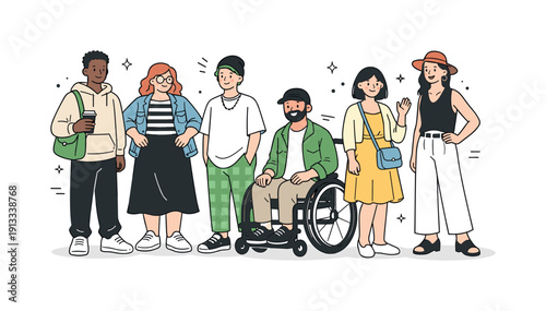 Fashion for everyone. Individuals with varied appearances and identities expressing personal style through everyday outfits. The scene