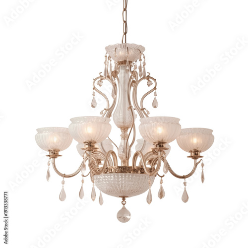 Chandelier With Crystal Details Hanging From Ceiling in a Bright Room