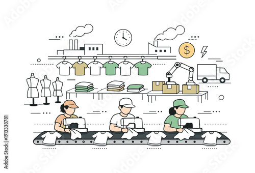 Fast fashion impact. Clothing factory scene with repetitive production lines simplified into clean shapes. Editorial view on mass production