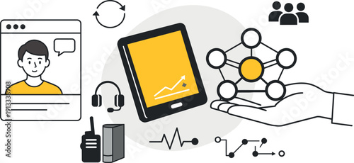 Modern minimal flat vector conceptual collage, crisp hard edges, consistent THIN outline stroke, rounded corners where needed,