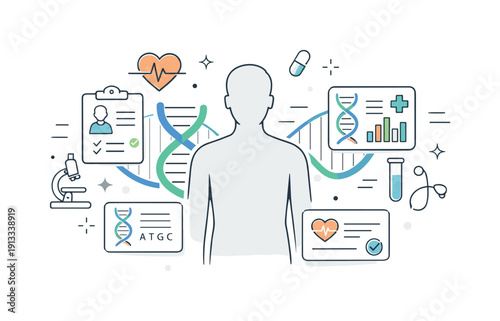 Precision medicine concept. Medical icons, DNA strand and personalized data cards floating around a patient silhouette. Editorial metaphor